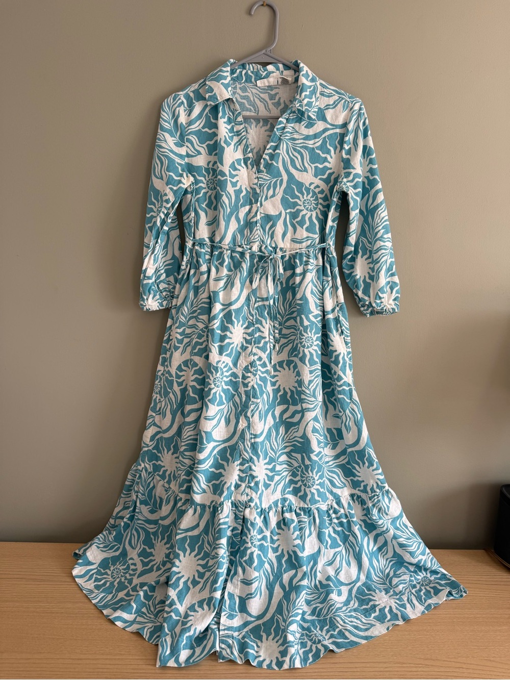 Nicole Miller New York Linen Blend Floral Maxi Shirt Dress Blue XS